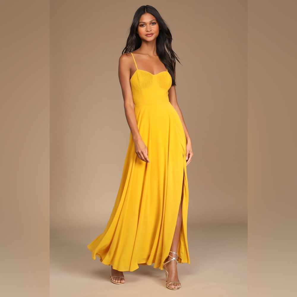 Cause for Commotion Golden Yellow Pleated Bustier Maxi Dress size M